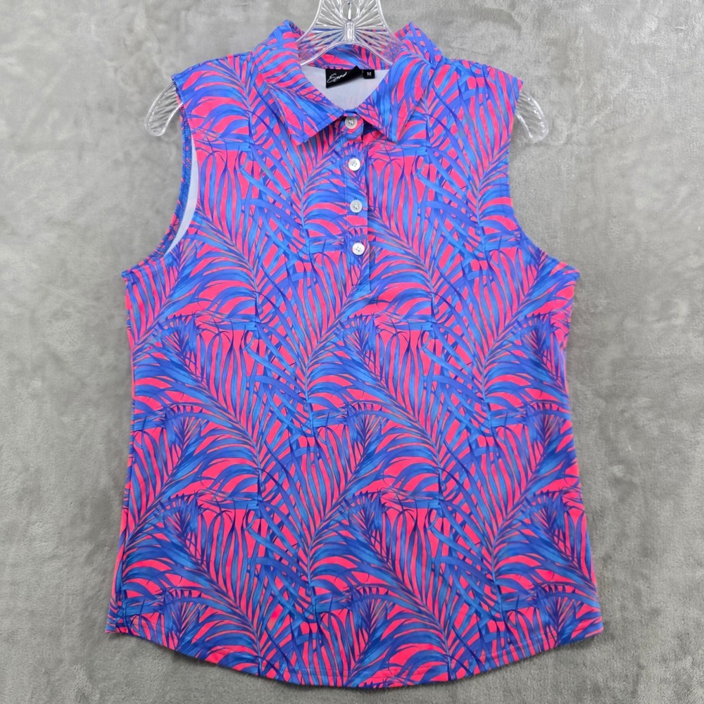 Sunday Swagger Womens Medium  Caicos Sleeveless Polo Shirt Blue Pink Tropical